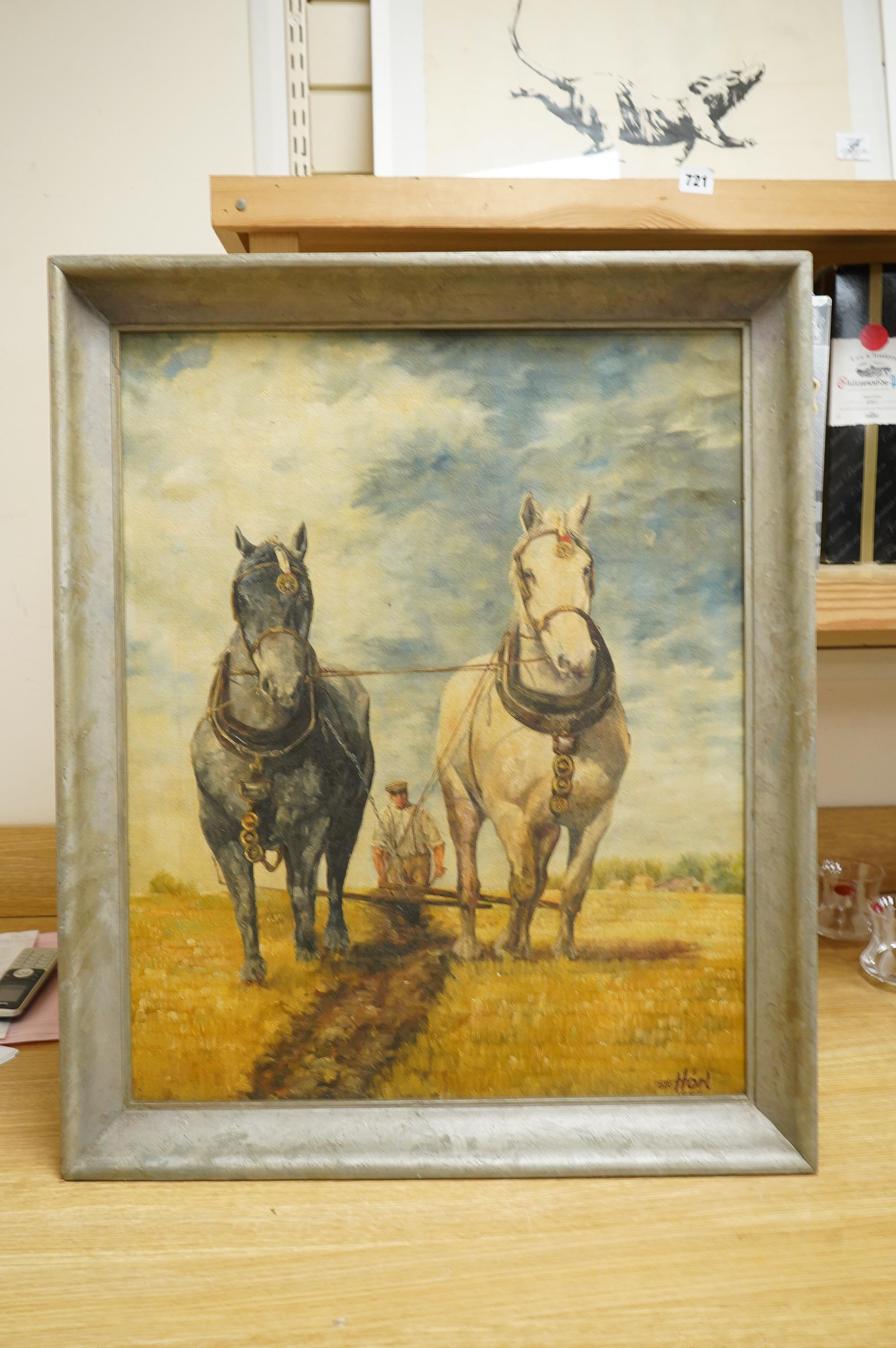 Otto Hörl, Two work horses ploughing fields, signed and dated 1947, oil on canvas, 64 x 52cm